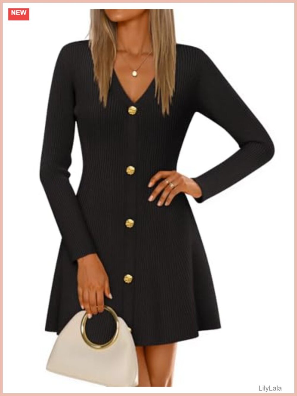 Long Sleeve V Neck A-Line Sweater Mini Dress